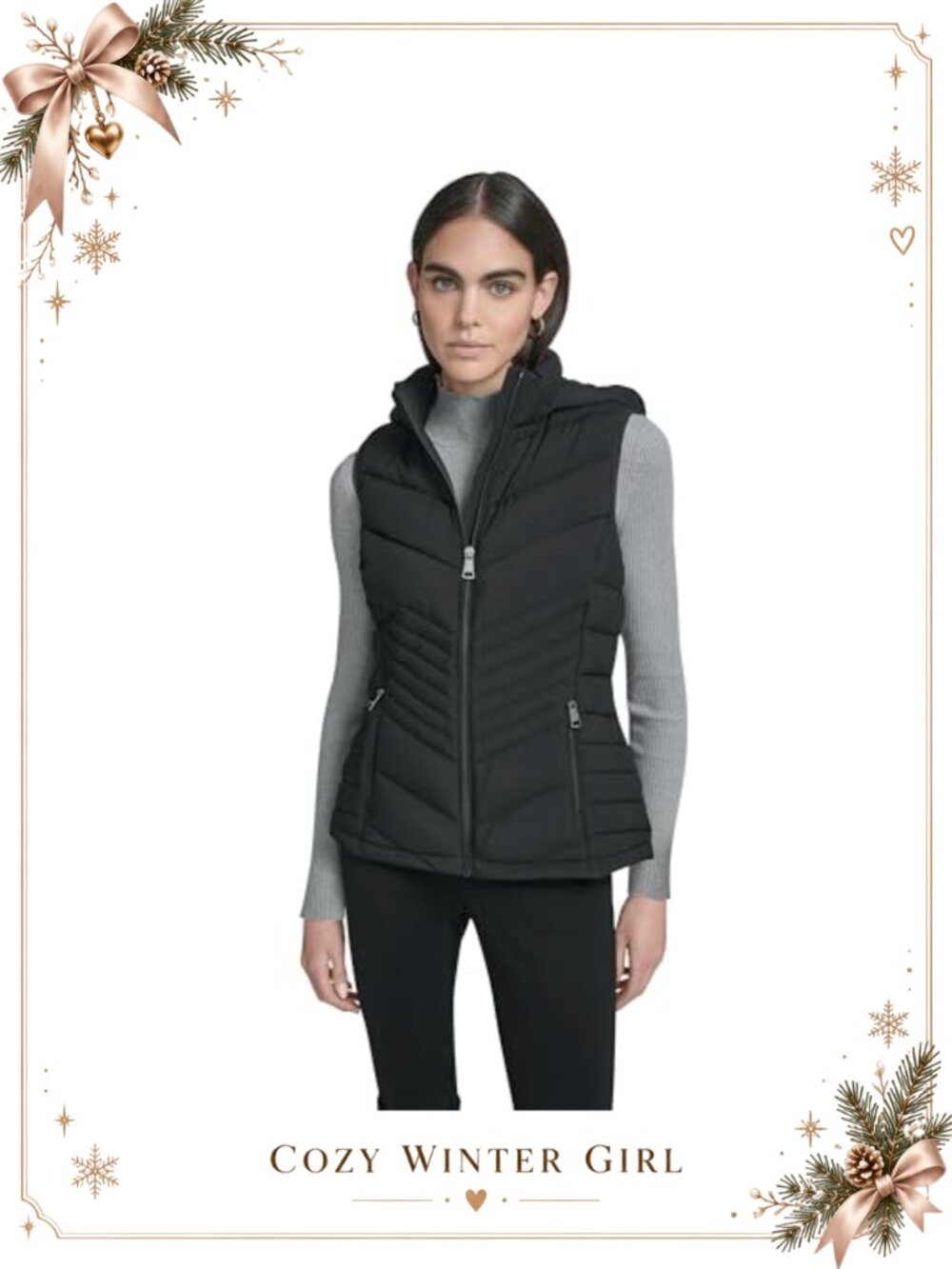 Quilted Stretch Hooded Puffer Vest Zip Pockets Winter Outerwear